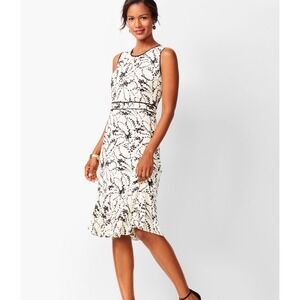 Talbots Petite Black Floral Flounce Hem Dress 4P Fit Flare Ruffle White Chiffon